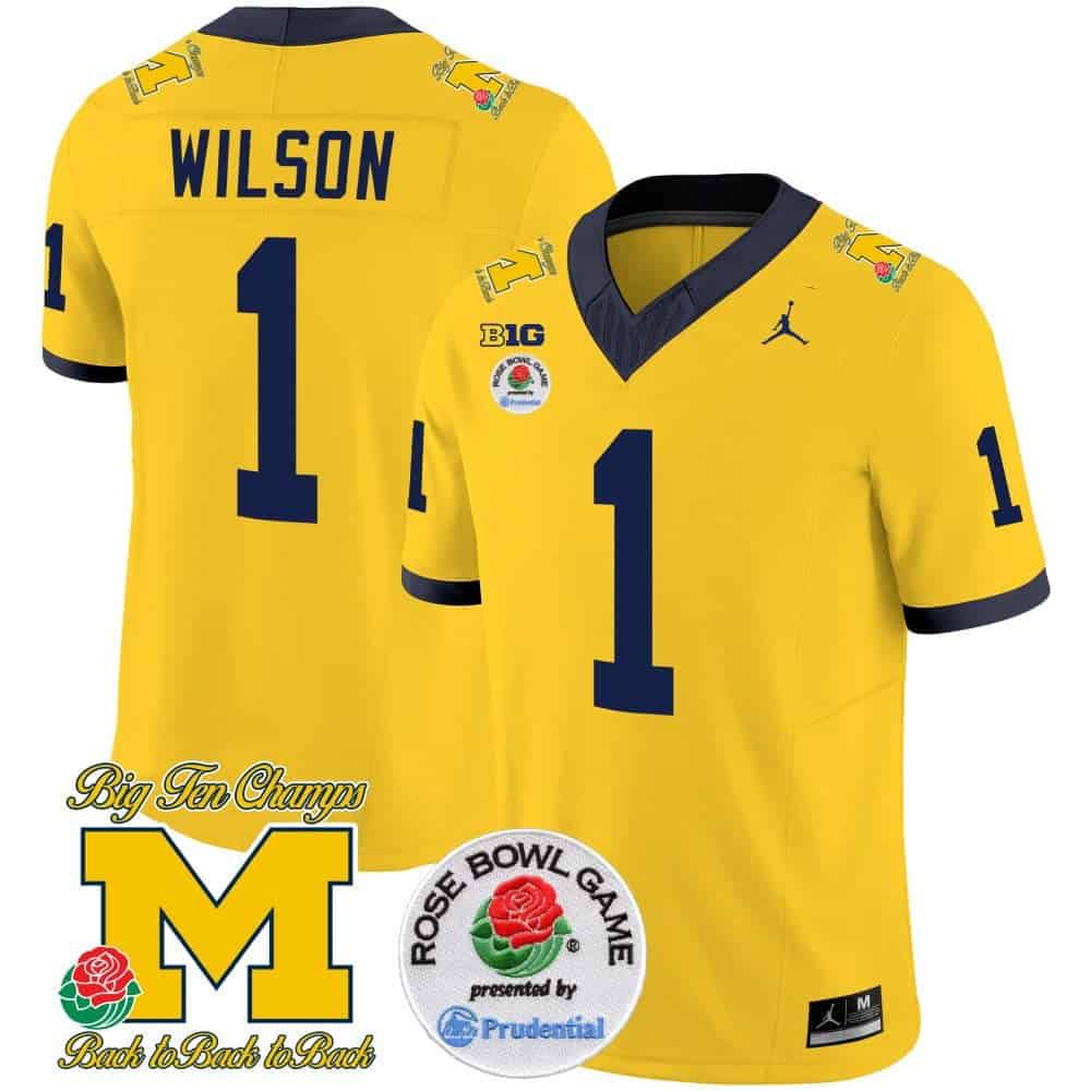 Men Michigan Wolverines #1 Wilson Yellow 2024 Rose Bowl Patch Vapor Limited NCAA Jersey